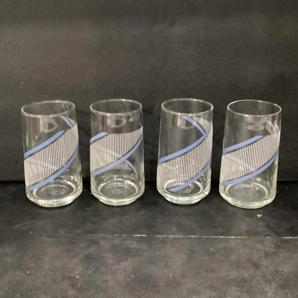Georges Briard Style Tumblers, Set of 4, Vintage Blue Swirls & White Stripes